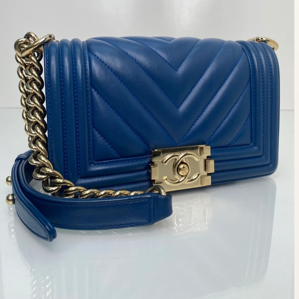 CHANEL Blue and Gold Crossbody Bag with Quilted Leather
